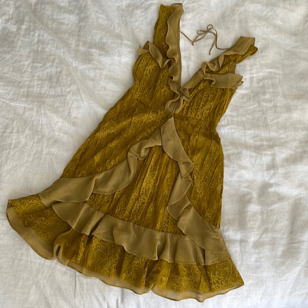 For Love & Lemons Mustard Yellow Ruffle Lace Mini Dress